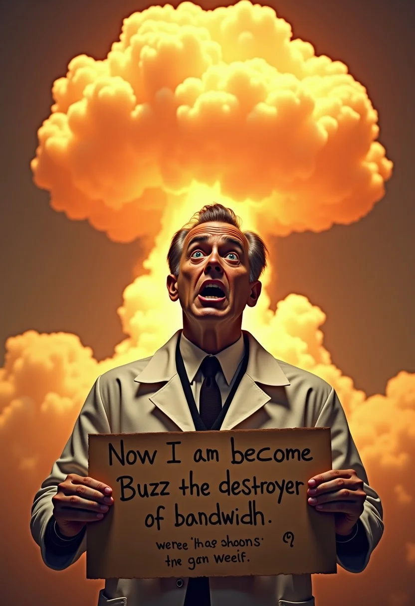 A horrified 1940s scientist in a labcoat holding a sign that says, "Now I am become Buzz the destroyer of bandwidth", behind him a gigantic fiery mushroom cloud shaped like a bee rises