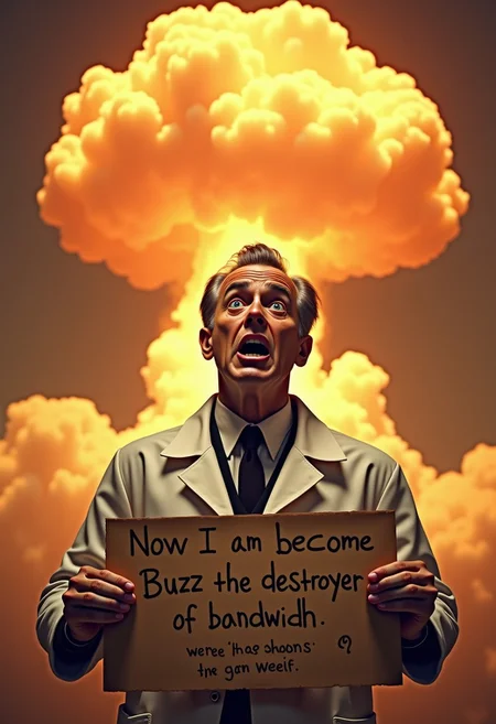 A horrified 1940s scientist in a labcoat holding a sign that says, "Now I am become Buzz the destroyer of bandwidth", behind him a gigantic fiery mushroom cloud shaped like a bee rises