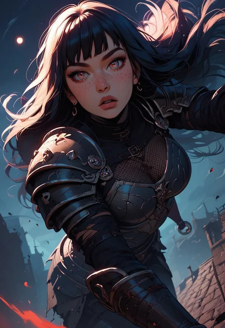 Score_9, Score8_up, Score_7_up, (((High Resolution, Best Quality))), 
1girl, beautiful, breasts, battle scarred, damaged armor, fishnets under armor, bangs, long hair, plated armour, holding sword, battle stance, dynamic angle, ancient fantasy city, battle-ready stance, dynamic pose, at night, moonlight, riding a nimbus cloud, nimbus, wukong theme, directional lighting, viewed from above,
Freckles, detailed face,