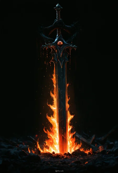 solo, weapon, sword, no_humans, blood, black_background, fire, 1other, eyeball, one-eyed, huge_weapon, dripping, planted, broken, crack, planted_sword, greatsword, depth of field, photo \(medium\),
best quality, very awa, highres, newest