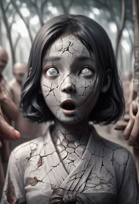 score_9, score_8_up, score_7_up, score_6_up, easynegative, masterpiece, the highest, perfecteyes, , girl, kimono ,black hair, scythe, ,jewelry,geisha, facial cracks,porcelain body,doll,doll joints,clay girl,petrifaction girl,detailed cracked skin,gray eyes,empty eyes,cry, arm reaching,abdication