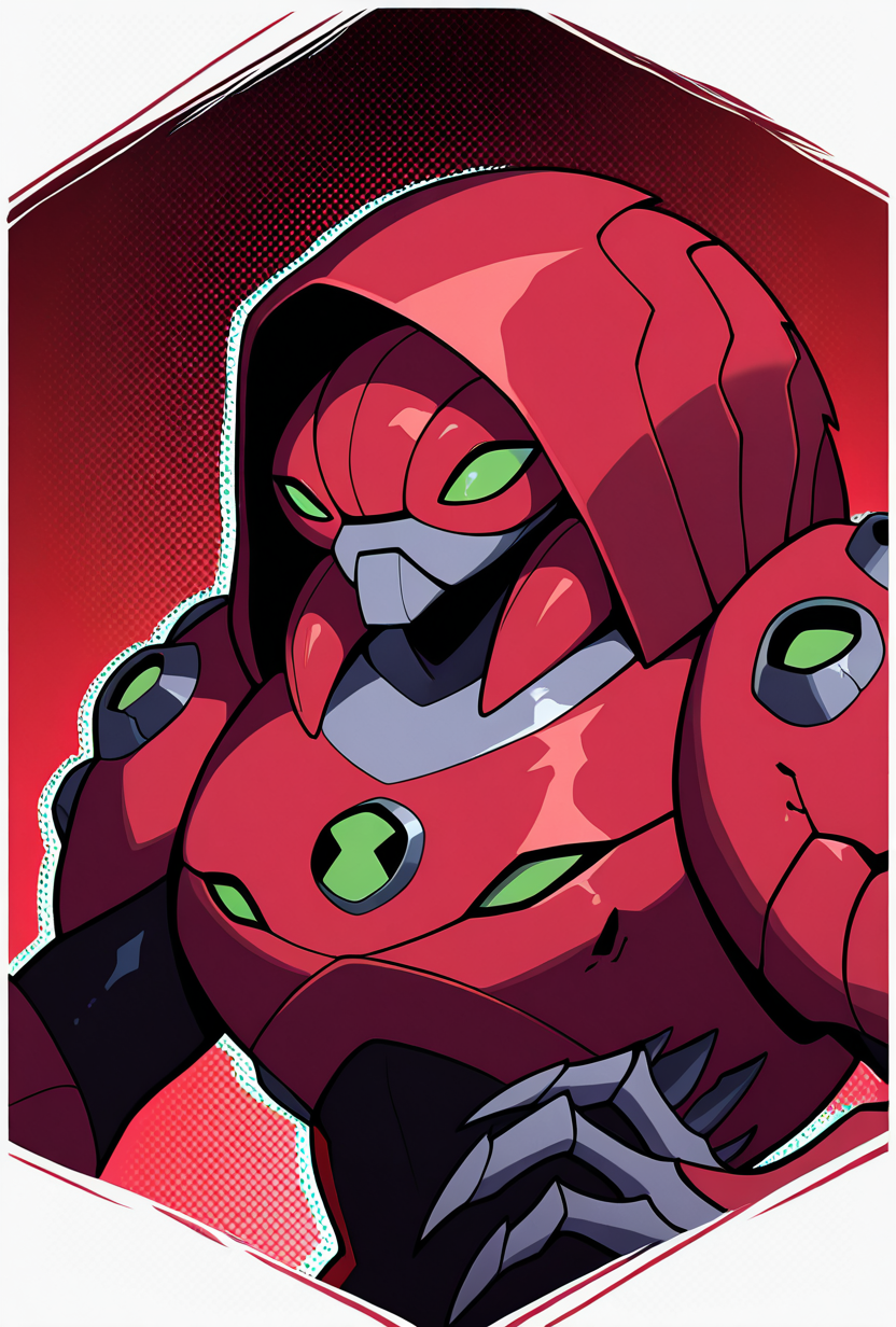 <lora:waterhazard-10:1> waterhazard, solo, red armor, red hood up, , helmet, mecha, alien, claws, green eyes, red background, masterpiece, best quality, amazing quality, very aesthetic, absurdres, newest,, upper body, halftone effect, white borders, abstract background:1.2,