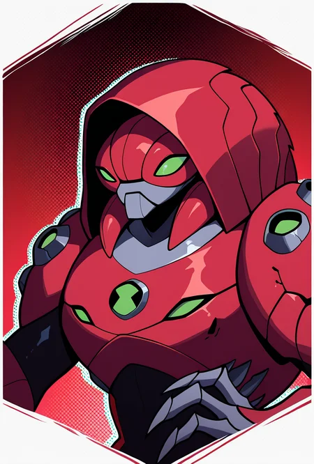 <lora:waterhazard-10:1> waterhazard, solo, red armor, red hood up, , helmet, mecha, alien, claws, green eyes, red background, masterpiece, best quality, amazing quality, very aesthetic, absurdres, newest,, upper body, halftone effect, white borders, abstract background:1.2,