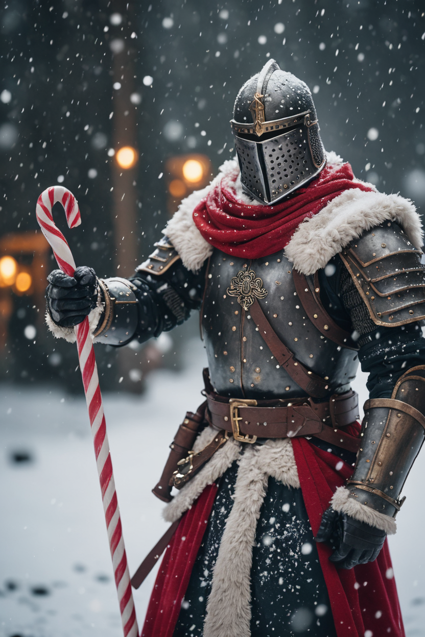 cinematic photo dark souls warrior with (santa costume:1.2),holding candy cane,snowing . 35mm photograph, film, bokeh, professional, 4k, highly detailed