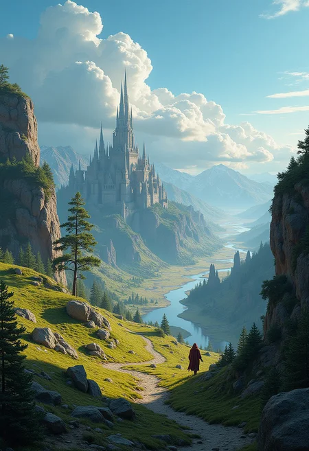Fantastical landscape with a city in the distance. RPG Style.