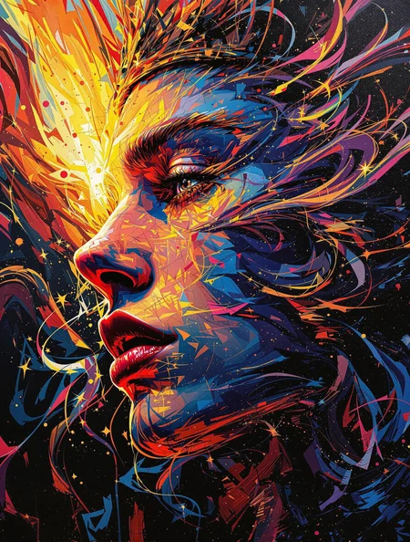 Epic close-up portrait, face partially fragmented into glowing fractals, dramatic oil brushstrokes swirling through hair and crown, bold pop art accents, intense emotional aura