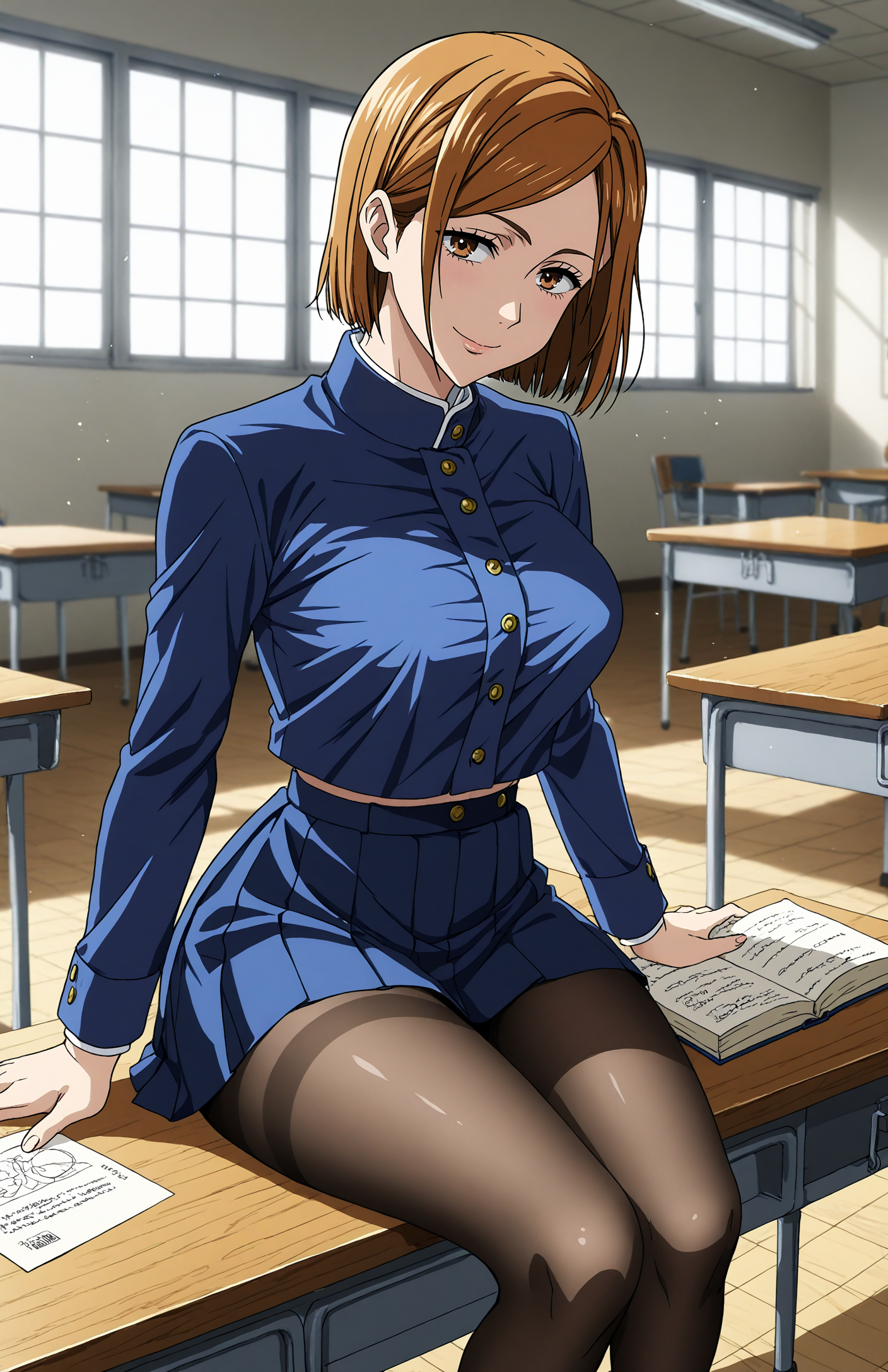 <lora:hyperSD8:1> score_9, score_8_up, score_7_up, score_6_up, BREAK, source_anime,  masterpiece, zPDXLxxx, detailed background,
 <lora:KUGISAKI_NOBARA_CULTY:0.8> anime screencap, 1girl, solo, kugisaki nobara, brown hair, brown eyes, big breasts, black school uniform, black pantyhose, classroom ,sunlight, table, book, sitting, smile,