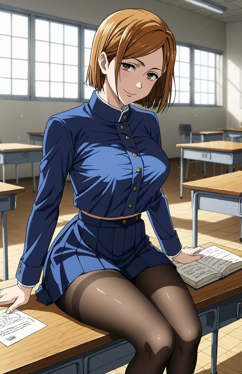 <lora:hyperSD8:1> score_9, score_8_up, score_7_up, score_6_up, BREAK, source_anime, masterpiece, zPDXLxxx, detailed background,
<lora:KUGISAKI_NOBARA_CULTY:0.8> anime screencap, 1girl, solo, kugisaki nobara, brown hair, brown eyes, big breasts, black school uniform, black pantyhose, classroom ,sunlight, table, book, sitting, smile,