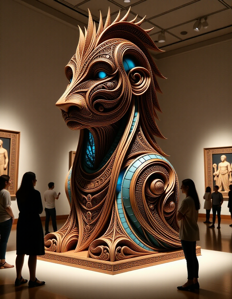 A breathtaking sculpture reminiscent of ancient Greek artistry from around 1200 BC, showcased in a modern New York gallery. The sculpture, made from rich walnut wood, features intricate, hand-carved patterns inspired by classical Greek motifs, with flowing lines and geometric precision. Embedded throughout the walnut structure are luminous blue glass inlays, evoking the appearance of ancient gemstones. The galleryâs spotlight highlights the sculpture, casting delicate reflections from the blue glass onto the rich, polished wood. Shadowy figures of gallery visitors stand nearby, their silhouettes softly illuminated by the spotlight, gazing at the timeless fusion of classical craftsmanship and modern elegance in a serene, contemplative atmosphere.
<lora:ral-frctlgmtry_flux:0.8> ral-frctlgmtry <lora:woodfigurez:0.8> woodfigurez