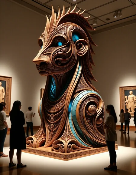 A breathtaking sculpture reminiscent of ancient Greek artistry from around 1200 BC, showcased in a modern New York gallery. The sculpture, made from rich walnut wood, features intricate, hand-carved patterns inspired by classical Greek motifs, with flowing lines and geometric precision. Embedded throughout the walnut structure are luminous blue glass inlays, evoking the appearance of ancient gemstones. The galleryâs spotlight highlights the sculpture, casting delicate reflections from the blue glass onto the rich, polished wood. Shadowy figures of gallery visitors stand nearby, their silhouettes softly illuminated by the spotlight, gazing at the timeless fusion of classical craftsmanship and modern elegance in a serene, contemplative atmosphere.
<lora:ral-frctlgmtry_flux:0.8> ral-frctlgmtry <lora:woodfigurez:0.8> woodfigurez