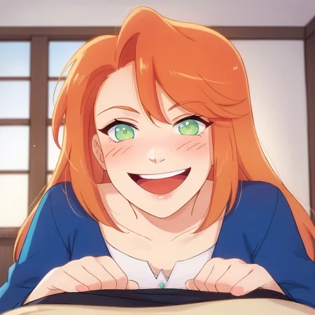 score_9, score_8, score_7, source_anime, tldrjeangrey, POV, looking at viewer, blush, smile, open mouth, upper teeth only