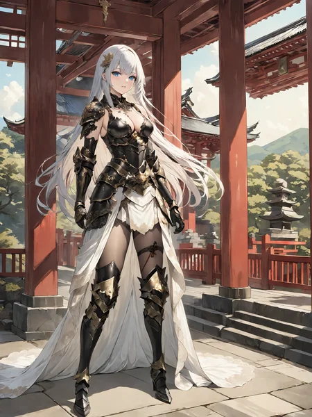 masterpieces, best quality, highres,
1girl standing in front of lobby, show cleavage, blue eyes, sliver long hair,
luxurious lace, see-through gold armor, transparency crystal lace,
skinny tattoo, flora tattoo, action to viewer, posing to viewer,
japan temple,
fantasy black armor
<lora:hinaMixArmor_v1-rev:0.7>