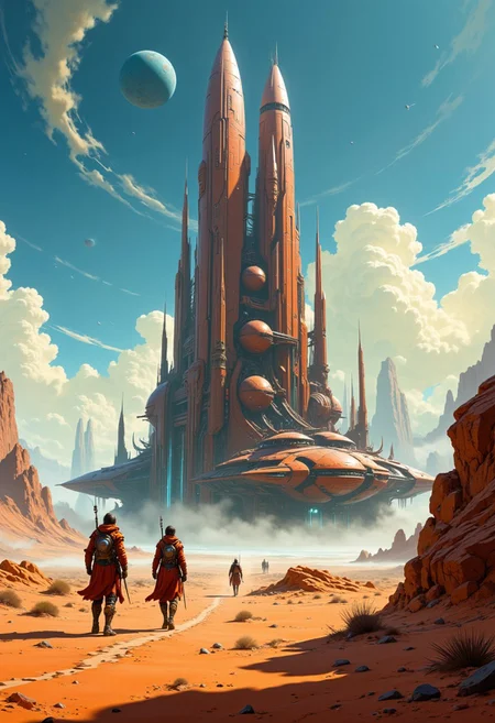 a busy sci-fi spaceport on an arid, flat plain, people