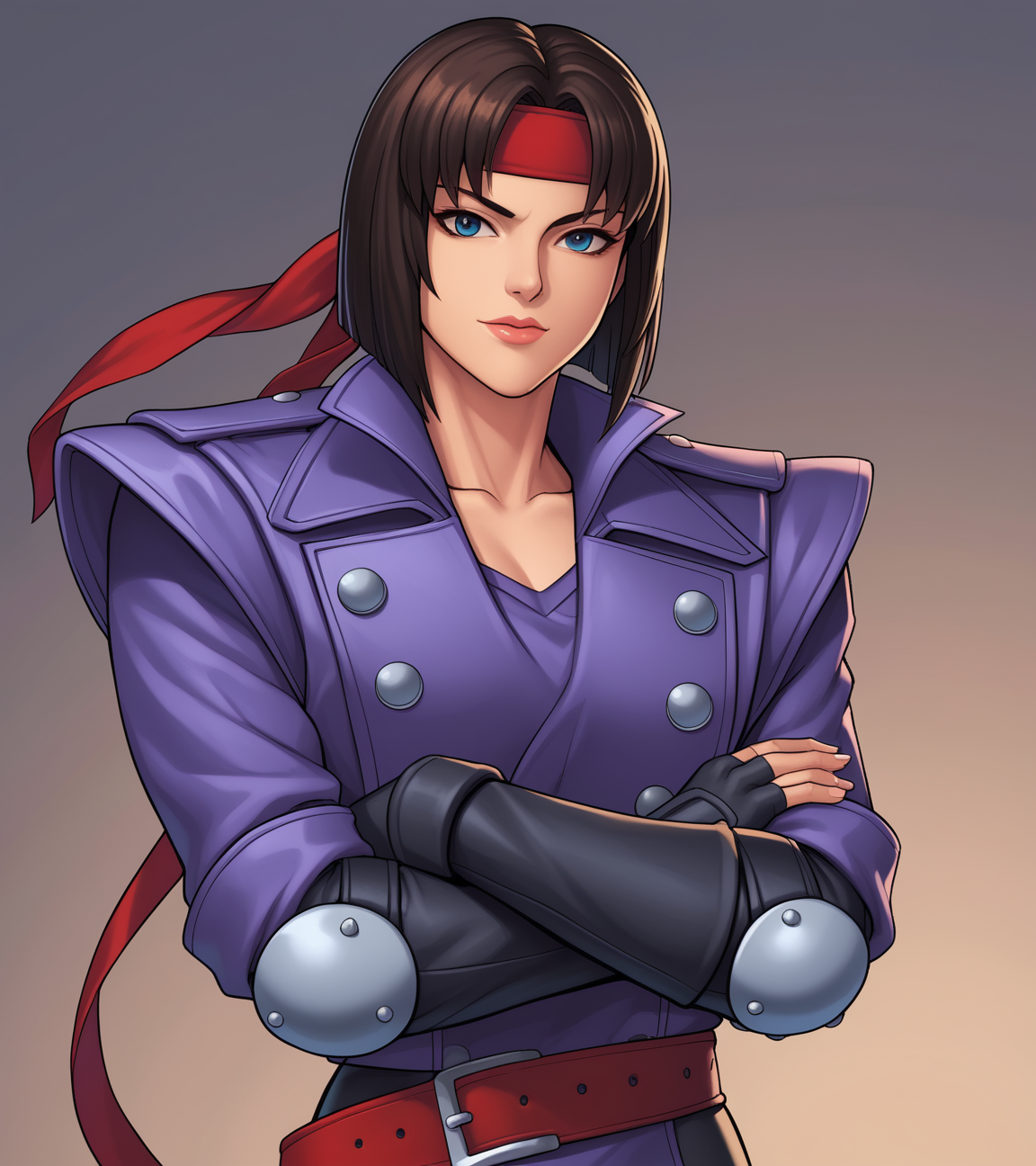 score_9, score_8_up, score_7_up, score_6_up, karai, 1girl, solo, short hair, purple costume, arms crossed, upper body, red headband, red belt, elbow pads, video game style, tournament fighters, <lora:Karai_Pony:.8>