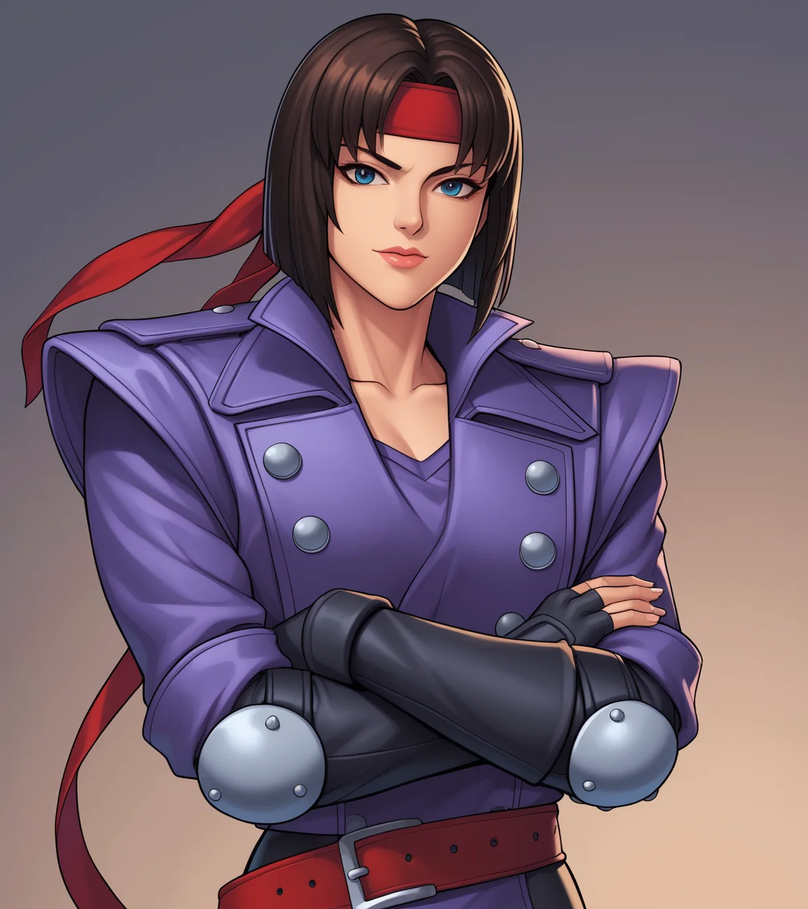 score_9, score_8_up, score_7_up, score_6_up, karai, 1girl, solo, short hair, purple costume, arms crossed, upper body, red headband, red belt, elbow pads, video game style, tournament fighters, <lora:Karai_Pony:.8>