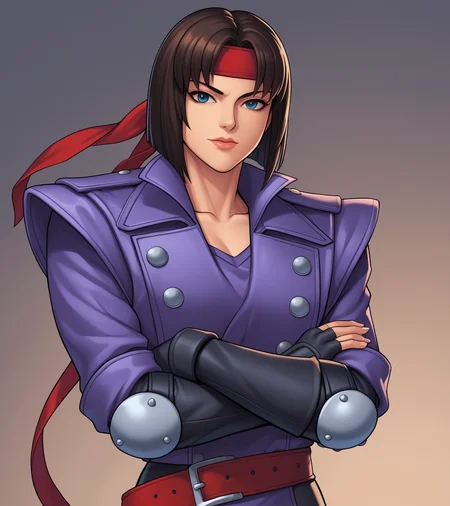 score_9, score_8_up, score_7_up, score_6_up, karai, 1girl, solo, short hair, purple costume, arms crossed, upper body, red headband, red belt, elbow pads, video game style, tournament fighters, <lora:Karai_Pony:.8>