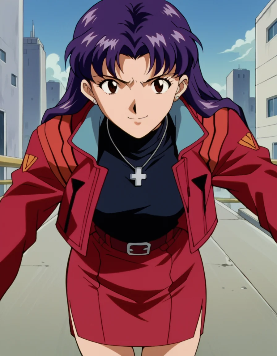 score_9, score_8_up, score_7_up, source_anime,
misatokatsuragi,  <lora:misato-katsuragi-classic-ponyxl-lora-nochekaiser:1>,
misato katsuragi, long hair, brown eyes, purple hair, parted bangs,
skirt, jewelry, jacket, belt, necklace, uniform, cross, red jacket, pencil skirt, cross necklace, red skirt, black shirt, turtleneck, cropped jacket,
outdoors, cityscape, bent over, smile,
cowboy shot, looking at viewer, solo, dutch angle,