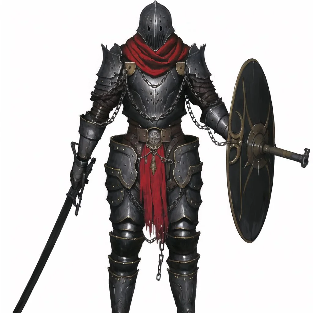 <lora:arielp:1.0>,
(arielpstyle:1.0), dark, horror, creepy, creepy-looking, painting, lovecraftian, grease, painting \(medium\), brush stroke,
arielpstyle, a man in armor holding a sword and a shield with a chain on it's neck and a red scarf on his head, white background, simple background, solo, weapon, 1boy, armor, full body