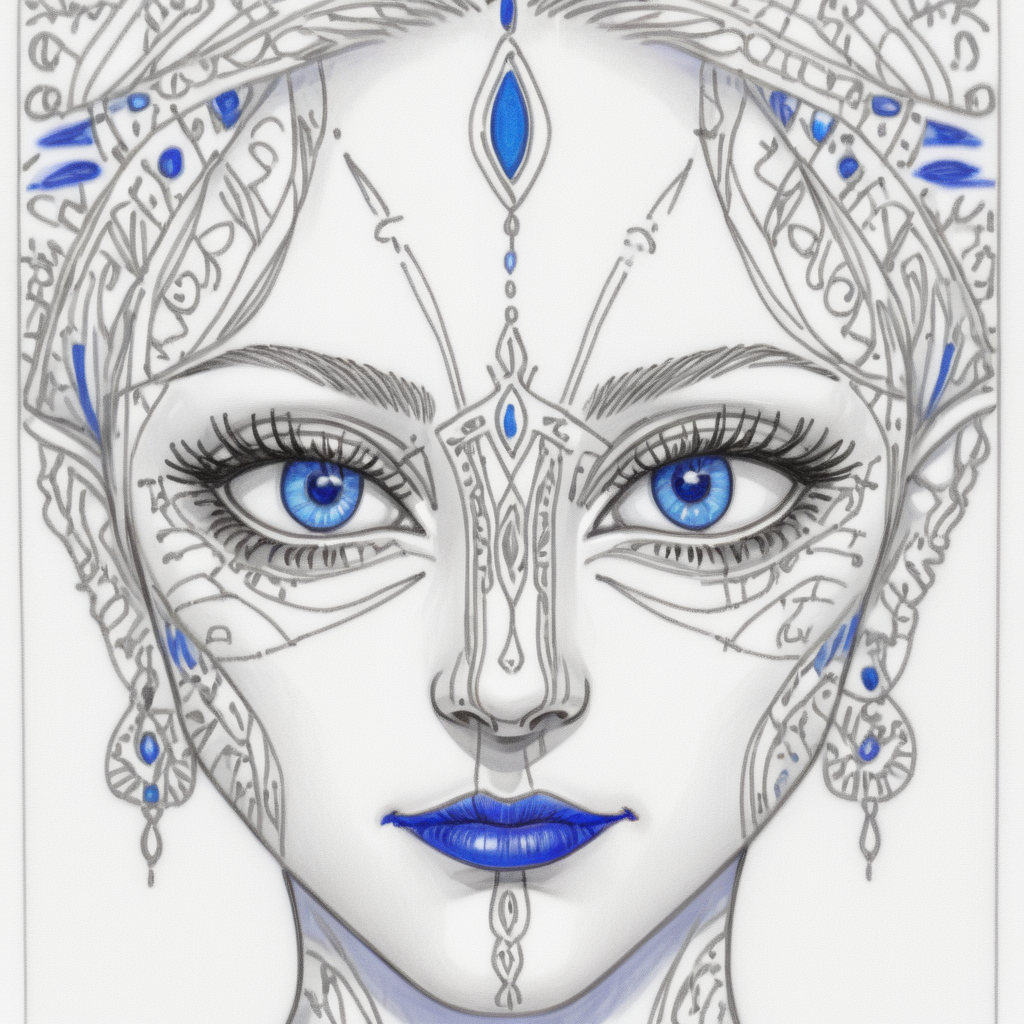 <lora:Moonlit_MinimalismSDXL:1> ArsMJStyle, Moonlit  Minimalism, The image shows a drawing of a woman's face with blue eyes on a white background. The face is sketched in detail with the eyes looking directly at the viewer and the lips slightly parted. The eyes are a deep blue color and the nose is a lighter shade of blue. The mouth is slightly open revealing a hint of a smile., blue eyes, makeup, lineart, eye focus, white background, simple background, 1girl, solo, spot color, lipstick