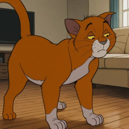 masterpiece, best quality, amazing quality, official artstyle,  t0momall3y, male, furry male, feral, solo, cat, orange fur, two-tone fur, yellow sclera, black eyes, grey nose, whiskers, ear tufts, tail, all fours, sad, 
indoors, living room