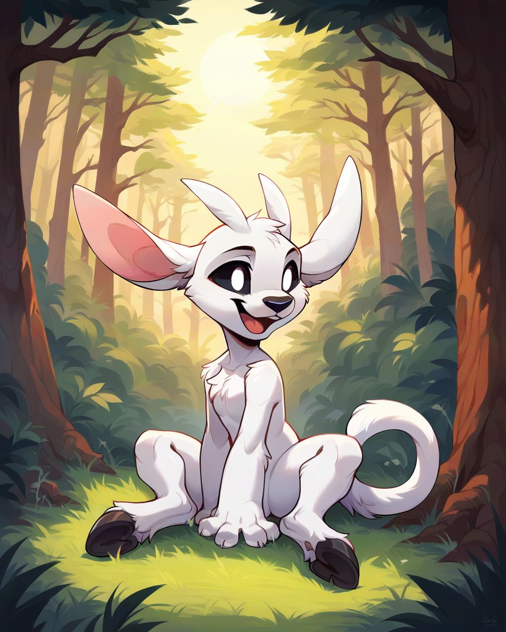 <lora:Ori:0.75> ori, white fur, paws, hooves, tail, black sclera, white eyes, black nose, source_furry, full body, forest, tree, grass, sitting, lit by afternoon sun, lightshafts, open mouth, smile,, score_9, score_8_up, score_7_up, score_6_up, score_5_up, score_4_up, ponypositive,