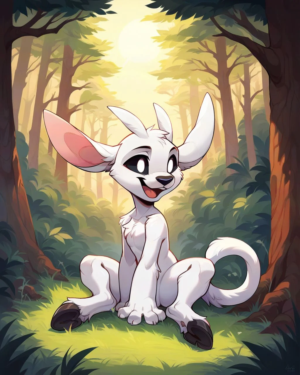 <lora:Ori:0.75> ori, white fur, paws, hooves, tail, black sclera, white eyes, black nose, source_furry, full body, forest, tree, grass, sitting, lit by afternoon sun, lightshafts, open mouth, smile,, score_9, score_8_up, score_7_up, score_6_up, score_5_up, score_4_up, ponypositive,