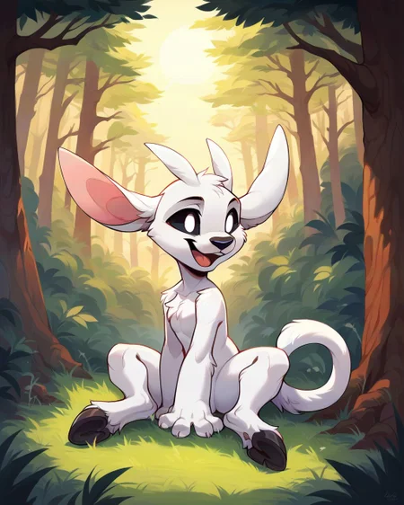 <lora:Ori:0.75> ori, white fur, paws, hooves, tail, black sclera, white eyes, black nose, source_furry, full body, forest, tree, grass, sitting, lit by afternoon sun, lightshafts, open mouth, smile,, score_9, score_8_up, score_7_up, score_6_up, score_5_up, score_4_up, ponypositive,