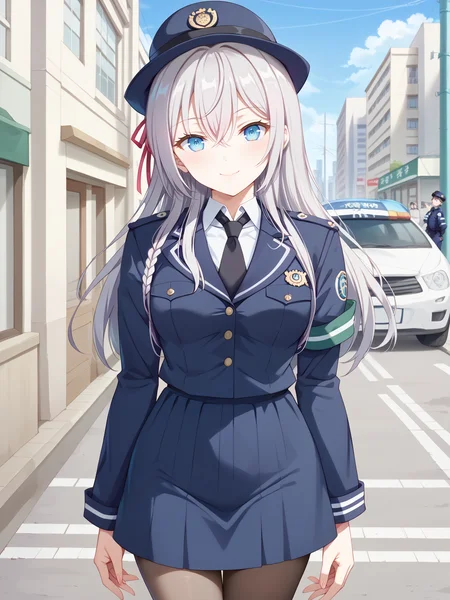 ((score_9)), ((score_8))
smile, looking at viewer, cowboy shot, closed mouth, standing, streets, sidewalk, tokyo \(city\),
<lora:add-detail-xl:1>
alyav4, 1girl, long hair, grey hair, blue eyes, ribbon, hair ribbon, hair between eyes,
<lora:Alya-sanV3-04:0.9>
<lora:police_pony_V1.0:1> police, police uniform, skirt, hat, pantyhose,