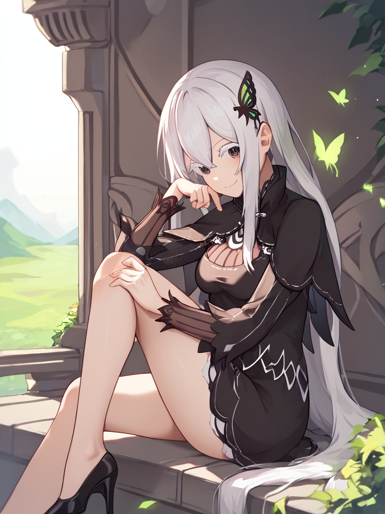 score_9,score_8_up,score_7_up,<lora:echidna_(re_zero):1>,shoes, high_heels, striped_dress, thighs, medium_breasts, echidna_\(re:zero\), colored_eyelashes, striped_clothes, 1girl, commentary, bare_legs, looking_at_viewer, ribbon-trimmed_clothes, closed_mouth, solo, black_dress, photoshop_\(medium\), ribbon-trimmed_sleeves, blush, long_sleeves, absurdres, black_capelet, head_tilt, highres, smile, from_side, sitting