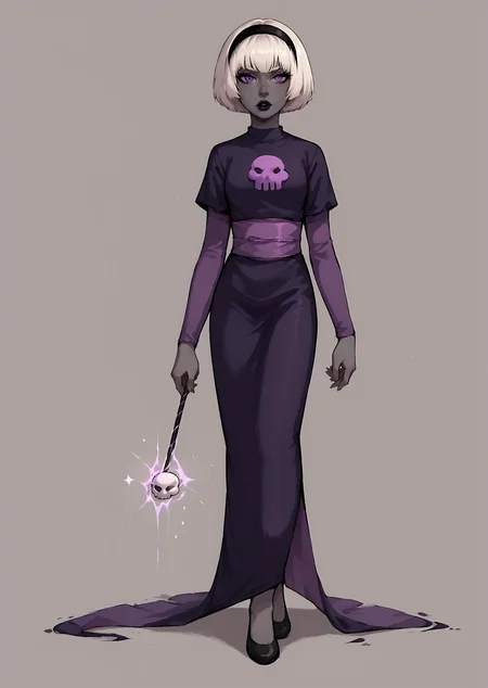 core_9, score_8_up, score_7_up, score_6_up, score_5_up, score_4_up, 1girl, white hair, black hairband, black lips, purple eyes, shirt print, <lora:Rose_Lalonde_-_outfits:0.8>, rosedress, shirt print, 1girl, solo, breasts, looking at viewer, short hair, bangs, blonde hair, dress, holding, standing, full body, hairband, shoes, grey skin, dark-skinned female, sash, bob cut, purple dress, skull, long dress, wand, long sleeves, purple sleeves, BREAK source_anime