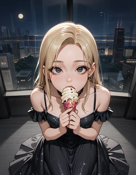 score_9, score_8_up, score_7_up, souce_anime, BREAK masterpiece, best quality, very aesthetic, absurdres, 1girl, girl kneeling and grabbing and sucking ice cream, looking up camera, from above, face focus, birdâs-eye view, sparkling black dress, satin dress, long blonde hair, shoulders, perfect eyes, cowboy shot,<lora:shibuya_sky_gallery_ponyDiffusionV6XL_v6_Lion_2460_v1.01:1>, cityscape from sky gallery, at night, night sky, black floor, indoor lookout, glass wall, window, anime screencap, <lora:LineArt Mono Style LoRA_Pony XL v6:0.7> flat color,