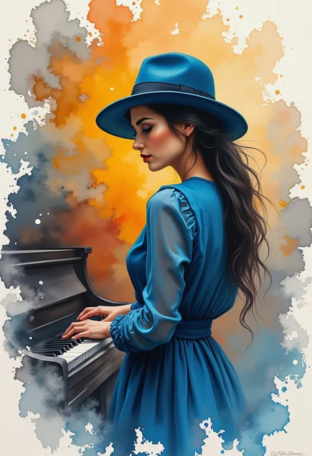 Watercolor style, watercolor, wet on wet, paintstreaks, watercolor painting, \nA A captivating, textured painting of a woman in a blue dress and a stylish hat, delicately playing a piano. Her raven-black hair cascades down her back, framing her face as she focuses on the keys, her hands positioned gracefully. The atmosphere is one of tranquility and introspection, enhanced by her concentrated expression and the harmonious color palette of the background. The backdrop is an exquisite blend of warm hues - orange, yellow, and blue - interspersed with subtle gray and white tones. The painting's thick, impasto brush strokes give it a three-dimensional, vibrant quality that immerses the viewer in the scene.