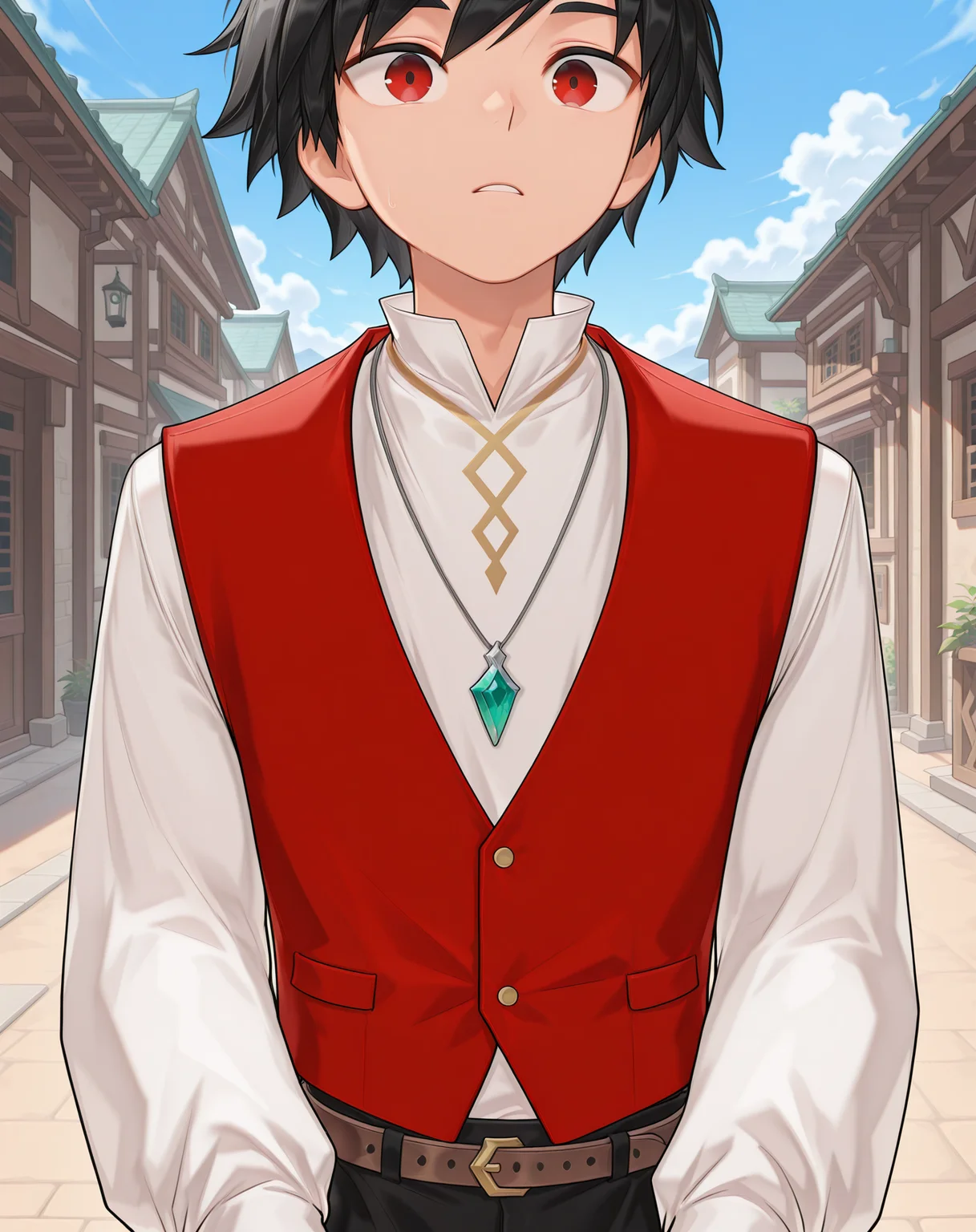 masterpiece, amazing quality, best quality, absurdres, very aesthetic,
1boy, solo, yaoi, male focus, cowboy shot, upper body, looking at viewer, face focus,
<lora:Solace_Teenage_ilxl:1> solaceteen, red eyes, black hair, short hair,
long sleeves, black pants, white shirt, brown belt, red vest,
jewelry, necklace, pendant, gem,
outdoors, day, blue sky,