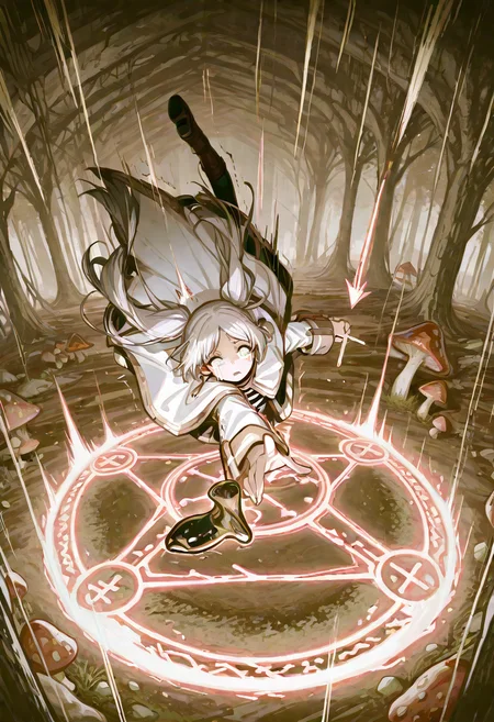 frieren_(sousou_no_frieren), 1girl, cross-eyed, trembling_hands, misspelled_rune, crying_potion, lol_herbs, pointing_arrow, mushroom_graffiti, magic_circle_fail, comic_frame, dynamic_angle, speed_lines, panic_sweat, floating_letters, confused_creatures, detailed_background, absurdres, 8k
 <lora:people's_work:1> <lora:USNR STYLE_XL_lokr:1>  <lora:DetailedEyes_V3:1>