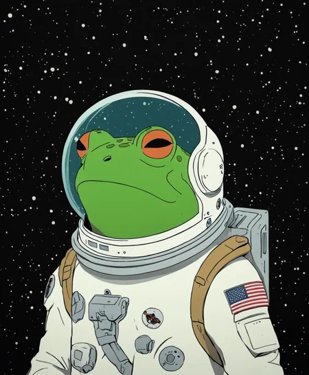 Flat 2D Art, Frog wearing astronaut helmet, Scavengers Reign Style, simple flat color, 2-dimensional, Flat 2D Art Style