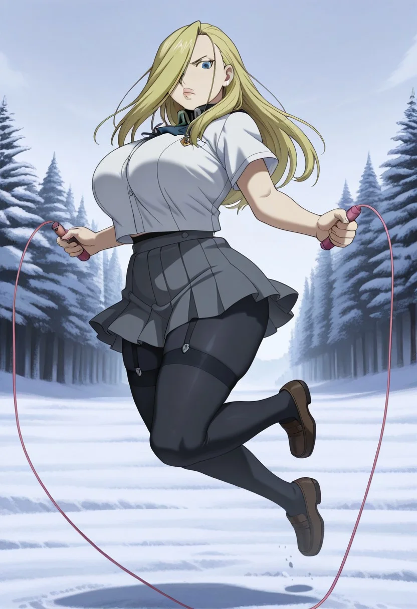 1girl,solo,mm,mature female,blonde hair,long hair,hair over one eye,blue eyes,lips, (voluptuous, thicc, huge breasts, wide hips), anime coloring,
masterpiece,best quality,amazing quality,<lora:Olivier_Mira_Armstrong-Fullmetal_Alchemist_IL:0.8>,
((School uniform, white shirt with short sleeves, grey pleated skirt, high tight stockings, garter)),
Outdoors, winter,
Jumping, jump rope, looking at viewer, full body, (side view, lateral view, side angle)