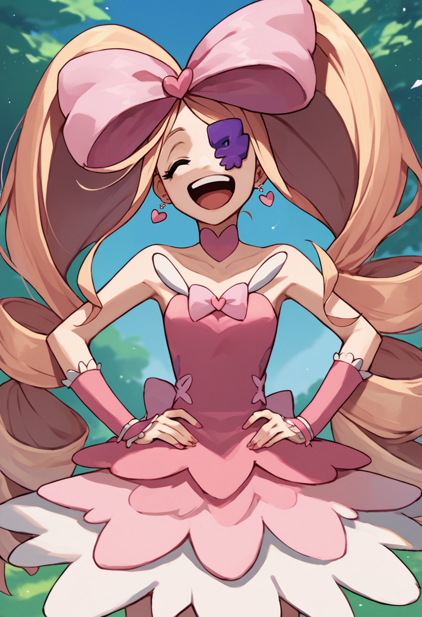 score_9, score_8_up, score_7_up, source_anime, solo, 1girl, harime nui, laughing, standing, hands on own hips, big hair, twin drills, hair bow, pink bow, huge bow, eyepatch, closed eyes, pink dress, strapless dress, wrist cuffs, jewelry, earrings, outdoors <lora:klk_harime_ponyXL-000008:1>