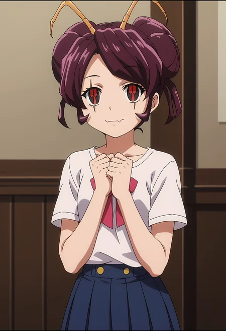 score_9, score_8_up, score_7_up, source_anime, 2d, Entoma Vasilissa Zeta, 1girl, burgundy hair, short hair, twin buns, insect antennae, porcelain face, red-black eyes, black eyes scars, very small breasts, anime coloring, anime screencap, detailed eyes, zPDXL, perfect faces, uncensored, rating_explicit, <lora:entoma_vasilissa_zeta_0-000045:0.8>, room, white t-shirt, blue skirt, hands up,