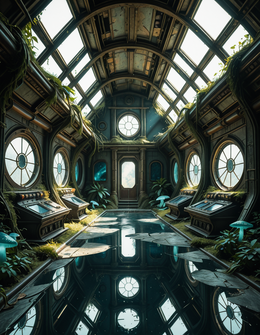 The interior of an ancient abandoned spaceship, overtaken by lush vegetation. The walls and ceiling are covered in thick, twisting vines and moss. Strange alien plants glow faintly in shades of blue and green, casting an eerie, mystical light across the metallic surfaces. Rusted control panels and shattered glass windows hint at a long-forgotten past. The floor is cracked and partially flooded with still, reflective water. Patches of bioluminescent fungi cling to the corners, adding a surreal atmosphere. The air feels heavy with moisture, and beams of soft, diffused light filter through holes in the hull, creating dramatic shafts of light and shadow. The overall style is hyper-realistic, rich in textures, with a cinematic and slightly melancholic mood.<lora:SDXLFaeTastic2400:0.4> <lora:extremely_detailed:0.4> extremely detailed,ancient abandoned sp4c3sh1p, <lora:ancient_abandoned_sp4c3sh1p-i:1>, Masterpiece,best quality,hi res,8k,hi res,8k,award winning,(sharp focus, intricate, highly detailed),