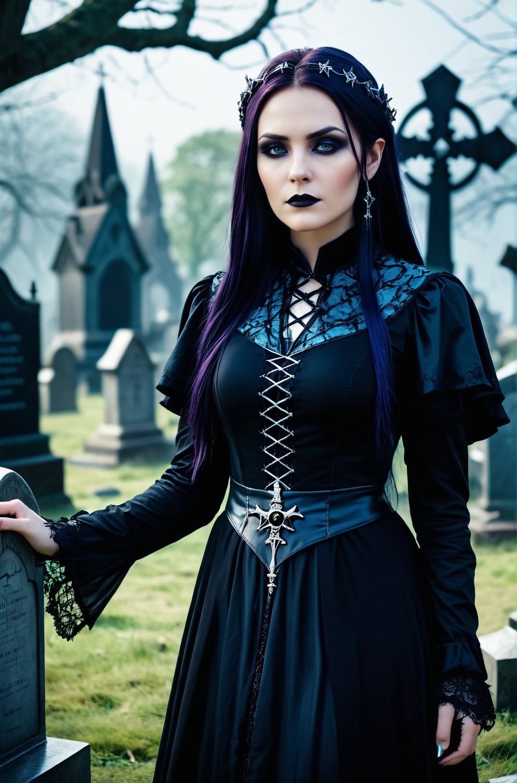 breathtaking female necromancer in a graveyard, atmospheric, cinematic, high detail, masterpiece, gothic <lora:S4ndr4_mo6:0.75> S4ndr4. award-winning, professional, highly detailed