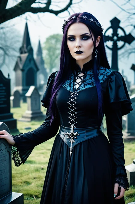 breathtaking female necromancer in a graveyard, atmospheric, cinematic, high detail, masterpiece, gothic <lora:S4ndr4_mo6:0.75> S4ndr4. award-winning, professional, highly detailed