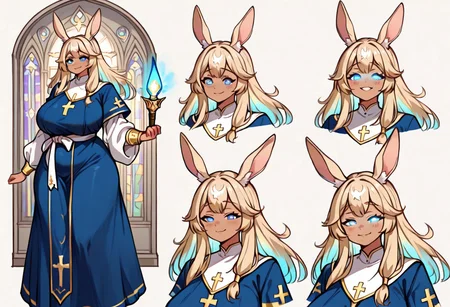 best quality, masterpiece, intricate details, 1girl, sexy, rabbit girl, tan skin, blonde hair, glowing hair, luminous hair, female cleric, hands holding light, plump body, blue eyes, glowing eyes, motherly expression, loving smile, large breast, two-tone hair, red dyed side locks, ribbon hair-ties, embedding:waifus\HDA_CamilaXL.safetensors , tan skin, cleric robes, detailed embroidery, laurel thigh-garter, embedding:waifus\, gold anklet, armlet, reference sheet, church interior background,
embedding:hda\HDA_MasterpieceXL_v.1.safetensors
<segment:face,0.4,0.1//cid=1>
<segment:yolo-PitHandDetailer-v1b-seg.pt,0.4,0.25//cid=2>
<segment:yolo-adetailerFootYolov8x_v20.pt,0.4,0.6//cid=3>