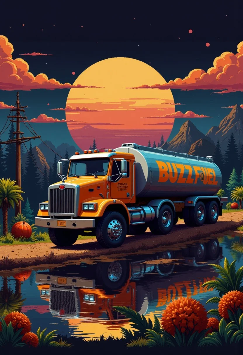 8 bit retro game, big truck, (oil tanker seen from the side), 'BUZZ FUEL' written in bold letters on the tanker truck