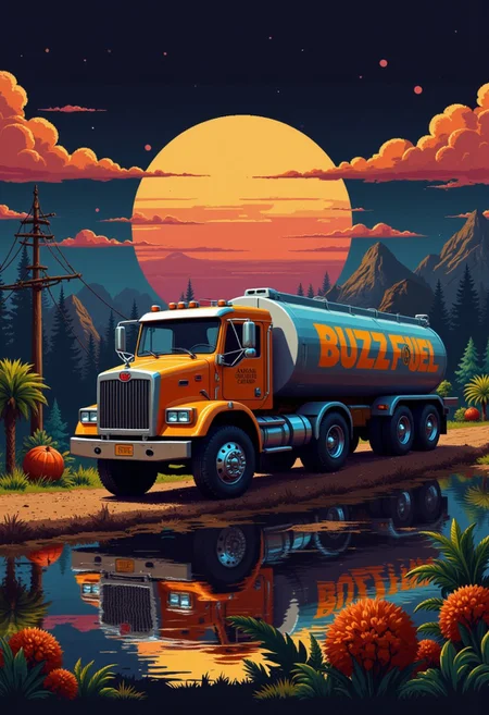 8 bit retro game, big truck, (oil tanker seen from the side), 'BUZZ FUEL' written in bold letters on the tanker truck