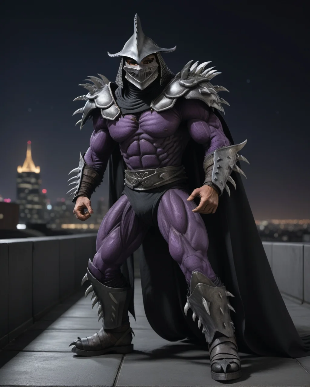 cinematic, (on a city rooftop, at night, bokeh, realistic lighting, ray tracing, bloom), ((full body shot)), a highres RAW photo of a TMNTSuperShredder 1man armored samurai knight, wearing a dark purple outfit with serrated claw spike pauldrons and serrated claw gauntlets and serrated claw armored boots and serrated metal samurai helmet with mask, long black cape, <lora:TMNTSuperShredder_SDXL:0.5>, ((muscular, fitness physique)), atmospheric, ((photorealism, photorealistic:1.4)), 8k, highly detailed, intricate detail