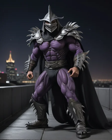 cinematic, (on a city rooftop, at night, bokeh, realistic lighting, ray tracing, bloom), ((full body shot)), a highres RAW photo of a TMNTSuperShredder 1man armored samurai knight, wearing a dark purple outfit with serrated claw spike pauldrons and serrated claw gauntlets and serrated claw armored boots and serrated metal samurai helmet with mask, long black cape, <lora:TMNTSuperShredder_SDXL:0.5>, ((muscular, fitness physique)), atmospheric, ((photorealism, photorealistic:1.4)), 8k, highly detailed, intricate detail