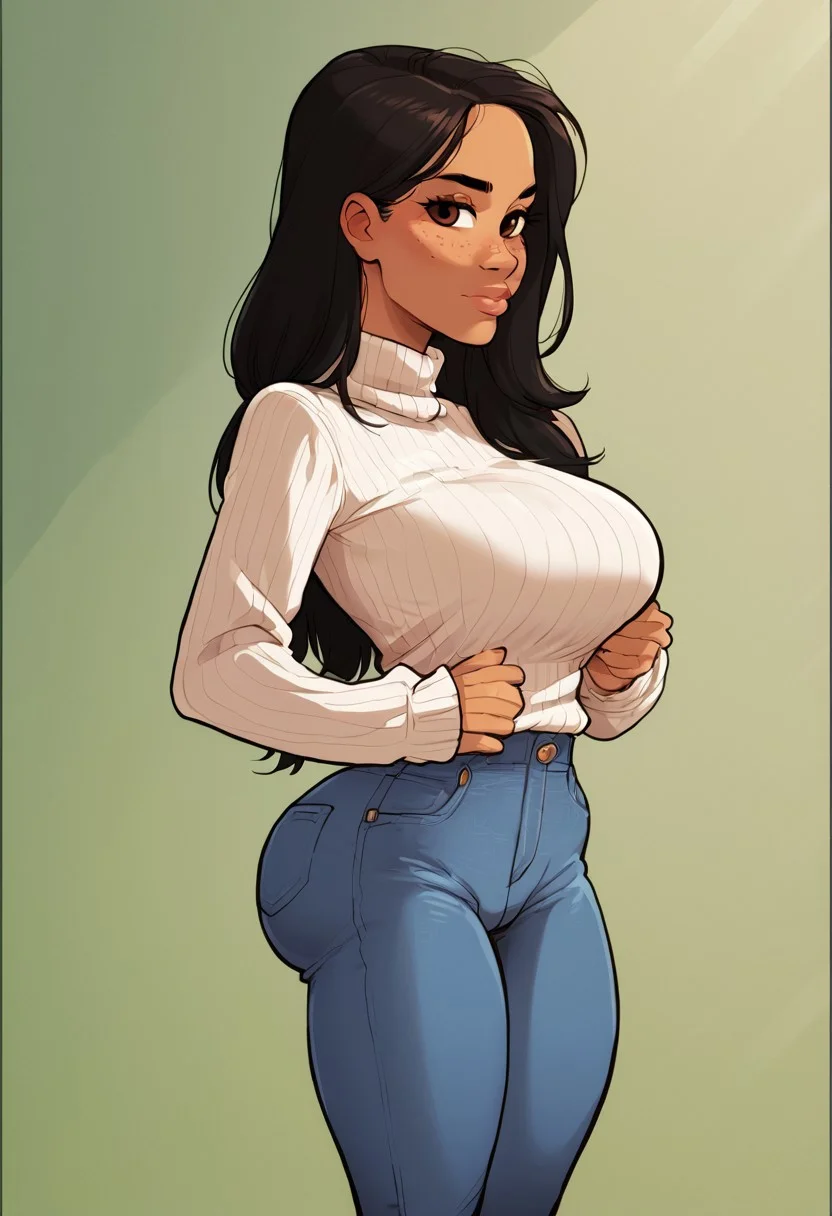 score_9, score_8_up, score_7_up, score_6_up, 1girl, brown eyes, fair skin, young, latina, straightened hair, long hair, straight hair, black hair, petite, 20 years old, innocent, freckles, jeans, white sweater, slim thighs, petite ass, very large breasts, ditsy, classroom background
