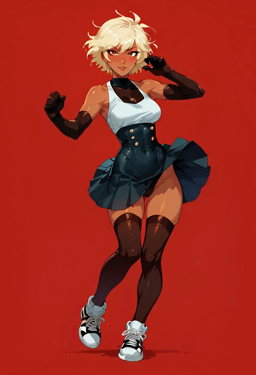 score_9, score_8_up, score_7_up, score_6_up, score_5_up, score_4_up, sexy girl, solo female, 29 years old, score_9,score_8_up,score_7_up,score_6_up, red background, simple background, full body shot,
cute woman, leotard, skirt, sneakers, jewelry, dark skin, taimanin, elbow gloves, thigh highs, shiny body, fighting stance
