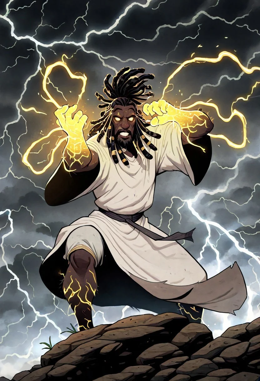 masterpiece, best quality, newest, absurdres, highres, ECM-V1.0, solo, solo focus, 1boy, dark skin, dark-skinned male, dredlocks, white dreadlocks, african, african male, beard, blind eyes, empy eyes, white eyes, glowing eyes, monk, white robe, dynamic pose, glowing veins, thunder, lightning, magic, lightning magic, combat stance, fighting stance,