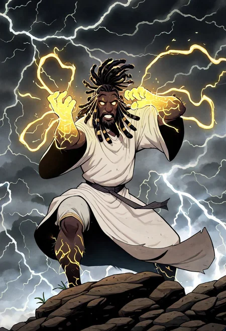 masterpiece, best quality, newest, absurdres, highres, ECM-V1.0, solo, solo focus, 1boy, dark skin, dark-skinned male, dredlocks, white dreadlocks, african, african male, beard, blind eyes, empy eyes, white eyes, glowing eyes, monk, white robe, dynamic pose, glowing veins, thunder, lightning, magic, lightning magic, combat stance, fighting stance,



